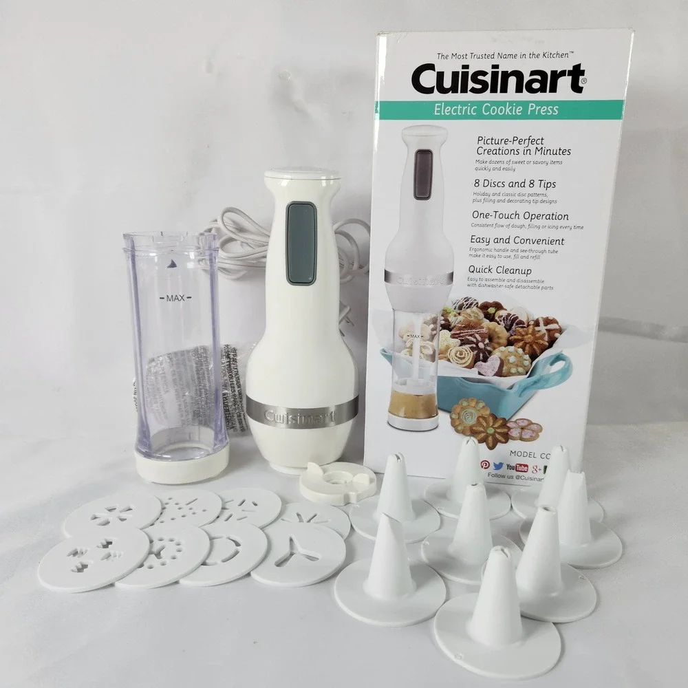 Cuisinart CCP-20 Electric Cookie Press White 8 Discs 8 Tips One-Touch Operation